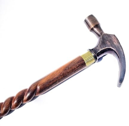 Bastón de madera antigua con mango único de cabeza de martillo de latón, soporte versátil y resistente