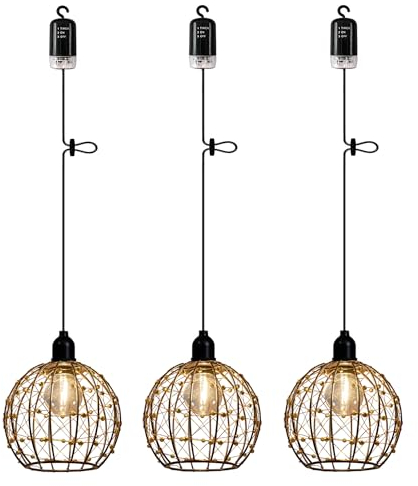 EcoGehen 3x Hängelampe ohne Strom Stromanschluss mit Batterie Batteriebetrieben Pendelleuchte Rattan Lampe Metall Korb Lampenschirm Hängeleuchte Deckenlampe Deckenleuchte Schlafzimmer Garten Lampen