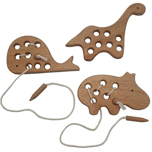 ICA-TICA Montessori Buchenholz Fädelspiel-Set 3 Stück Tierformen Lernspiel Feinmotorik Set Fädeltiere Fädelspielzeug Holzspielzeug Reisespielzeug Förderspielzeug