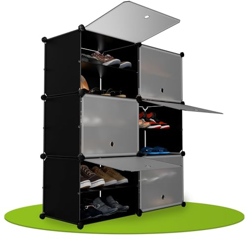 Juskys Schuhschrank mit 6 Würfel & Türen - Kunststoff Schrank für bis 24 Paar Schuhe - Regal geschlossen - Steckregal Schuhregal - Würfelregal Schwarz