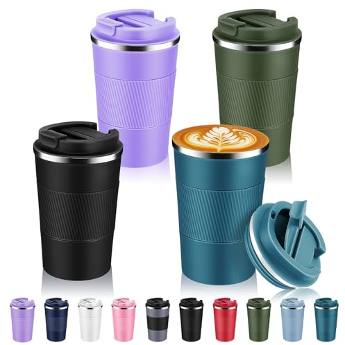 Volhoply 13 oz Tazza da caffè isolata in acciaio inox da viaggio con coperchio Fip, Confezione da 4 pezzi, Tazza da caffè in metallo a doppia parete vuota riutilizzabile, Bicchiere termico portatile a
