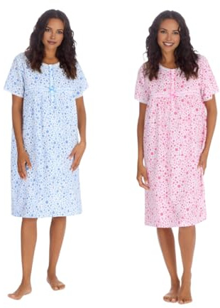 INSIGNIA Womens Pack of 2 Short Sleeve Poly Cotton Woven Nightshirts Nighties (Pink & Blue Floral, 18-20)