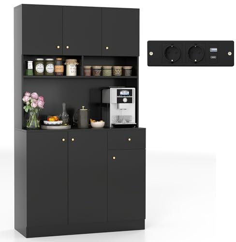 COSTWAY Küchenschrank Holz, Buffetschrank mit Steckdosen & USB-Anschlüsse & Type C, Hochschrank Küche mit verstellbaren Regalen, Aufbewahrungsschrank für Küche Wohnzimmer, 100 x 40 x 181cm (Schwarz)