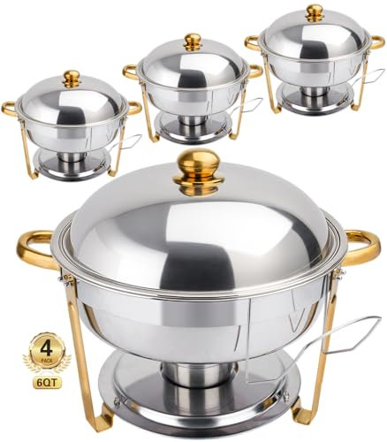 Beviliu Chafing Dish Buffet Set, 4 Pack 6.8 Litre Round Chafing Dishes & Food Warmers, Gold Chafing Dishe for Buffet, Stainless Steel Chafer for Catering Lid & Lid Holder, Food Warmers for Any Partie