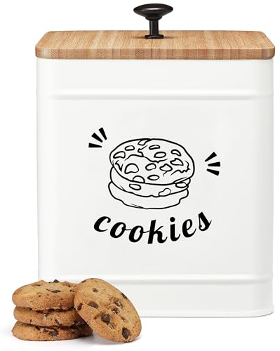PERFNIQUE Tarro de galletas de 3.5 L con tapa hermética, lata de galletas con tapa de bambú, bonitos tarros de galletas para decoración de encimera de cocina, contenedor de almacenamiento de alimentos