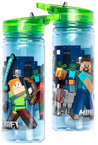 Minecraft Water bottle with straw 580 ml 100% Leakproof Durable School Water Bottle Strong Plastic and BPA free - Dark Blue