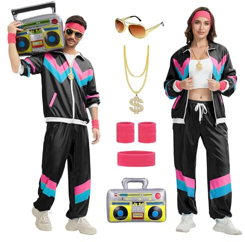 rumnigh Costume Fancy Shell Suit anni '80 '90 da uomo e da donna adulti, tuta da discoteca Hip Hop per Halloween, Carnevale e Festa (Nero, 2XL)