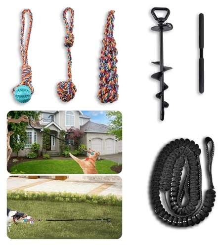 Tether Tug Outdoor Dog Toy with Upgraded Steel Stake & Adjustable Safety Rope, Includes 3 Chew Toys , Durable Interactive Tug of War Bungee Rope Toy for Large, Medium & Small Dogs on Lawns or Trees