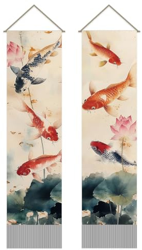 SUPERDANT 2PCS Ink Koi Tapestry Chinese Lotus Wall Hanging Tapestries Long Vertical Tassel Tapestry with Poles Ropes for Bedroom Living Room Porch Hallway Office Home Decoration 45.6x13 inch