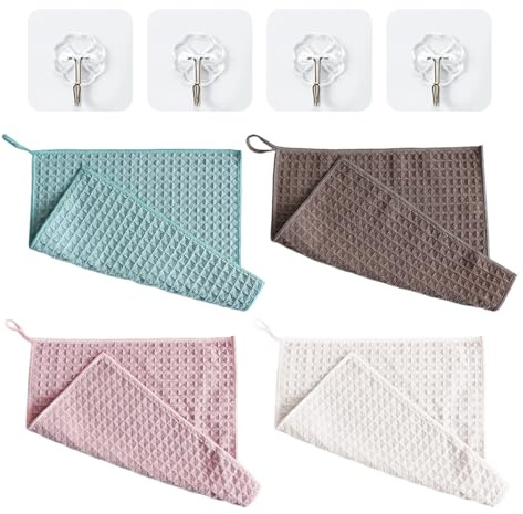 DUINIU 4 Trapos Y 4 Ganchos, Paño De Limpieza Absorbente para Gofres, Esponja para Fregar Platos, Adecuado para Limpiar Máquinas De Café, Barras De Vapor, Mostradores De Bar.