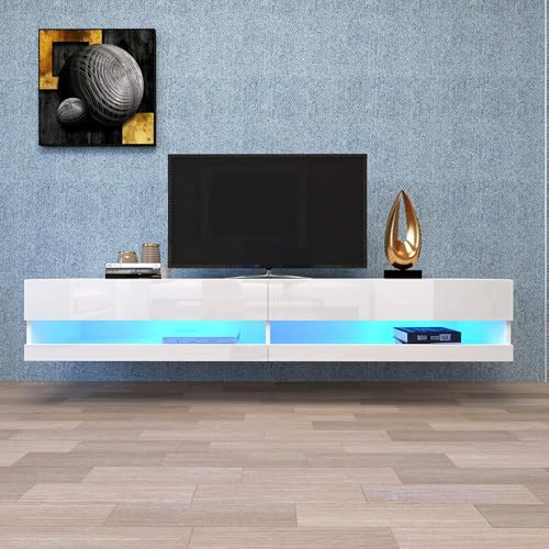 Mobile tv sospeso, mobile porta tv con sistema LED multicolore integrato, struttura in MDF con frontali lucidi e ripiani funzionali, gestione ordinata dei dispositivi, per soggiorno moderno