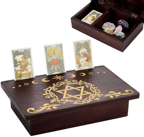 PH PandaHall Tavolo da Altare, 30x20x6.8cm Scatola di Portaoggetti Meditazione in Legno Incisa Pentagramma Luna Tavoli Wiccan con Scomparto Nascosto per Immagazzinaggio di Forniture di Stregoneria