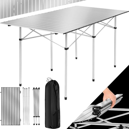 tectake® Mesa Plegable Aluminio, Mesa Camping Plegable, Mesa Jardín Exterior con Asa y Bolsa de Transporte, Impermeable, Fácil Montaje y Limpieza, Ideal Acampadas, Jardín, Terraza, Picnic, 140x70x70cm