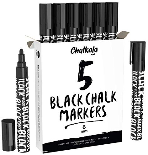 Chalkola marqueurs craie noirs – Stylos marqueurs à craie liquide effaçables à sec pour bistro, panneaux en ardoise, fenêtres, tableau noir, verre – Pointe réversible 6 mm (lot de 5)