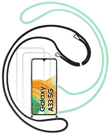 Funda para Samsung Galaxy A33 5G (6,4) con Cuerda, 2 Pack Protector Pantalla, Correa Carcasa Transparente Suave TPU Silicona con 2 Pack Cordón, Protección de Lente de Cámara, Negro+Verde