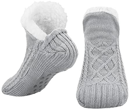 Bestomrogh Women Slipper Socks, Fluffy Fleece Lined Anti Slip Socks Thick Warm Lined Cosy Winter Fluffy Bed Slippers for Women Men Suitable for Indoor Home House Floor, Grey