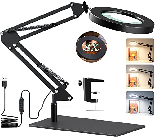 8X Magnifying LED Desk Lamp with Base & Clamp,Dimmable Magnifying Glass,3 Color Modes,10 Adjustable Brightness 2-in-1Magnifying Glass with Light and Stand,Adjustable Swivel Arm Lamp Craft Light