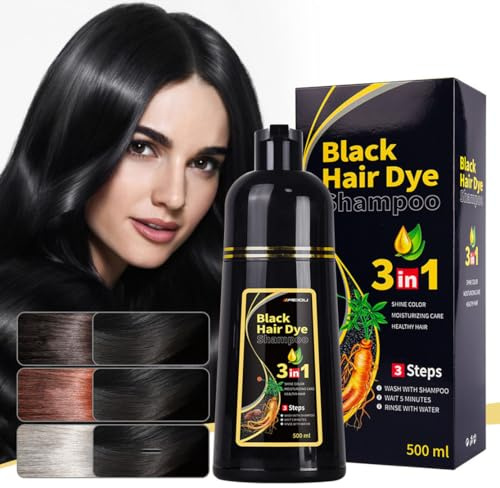 3-in-1 Schwarzer Instant-Haarfärbeshampoo - Langanhaltend, Schnell für Männer und Frauen - Schwarz für Graue Haare - 500ml