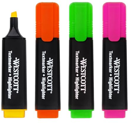 Westcott surligneurs 4 pièces en vert, jaune, orange, rose | Pack de 4 surligneurs de couleurs vives | 2-5 mm d'épaisseur de trait | Encre Premium d'Allemagne | E-744249 00