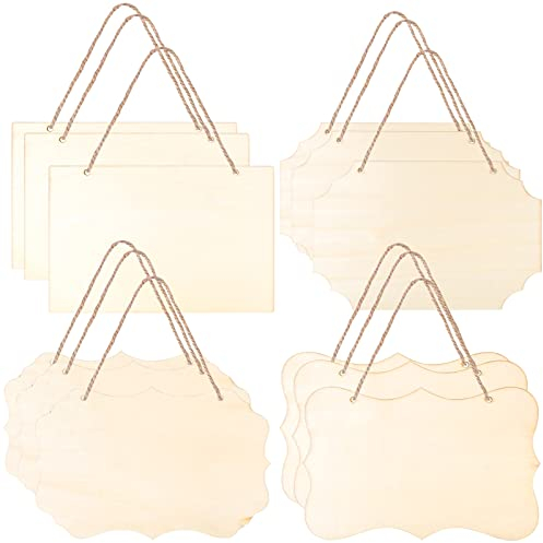 Cozlly 12 Letreros de Madera Sin Terminar, Placa Rectangular en Blanco, Colgante de Signo Con Cuerda para Pirograbado, Pintura, Escritura y Decoración (4 Estilos)