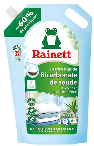 RAINETT - Lessive Liquide - Tensioactifs d'Origine Végétale - Efficace Dès 20° - Ecolabel - Bicarbonate - 32 Lavages - Éco-Recharge 1,6 L
