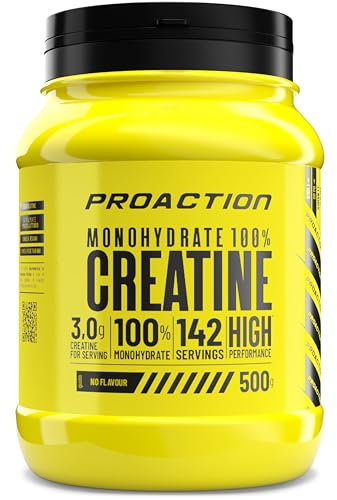 ProAction Creatina Monoidrata in Polvere | 100% Creatina Monoidrato Pura per Forza, Energia & Resistenza | Solubile & Senza Additivi | Aumento della Massa Muscolare | 142 Porzioni | 500 g