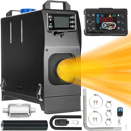 PRIJESSE All-inOne Diesel Air Heater, 12V 5KW Parking Heater Diesel Night Heater with Silencer LCD Monitor Thermostat For Car Trailer Truck Boat Caravan Motor-home Campervans (Black)