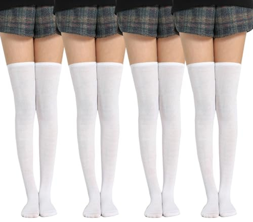 UILYNIU 4 Paires Chaussettes Hautes Montantes Femme, Blanches, Filles, de Genoux Chaudes, pour Vie Quotidienne, Fête