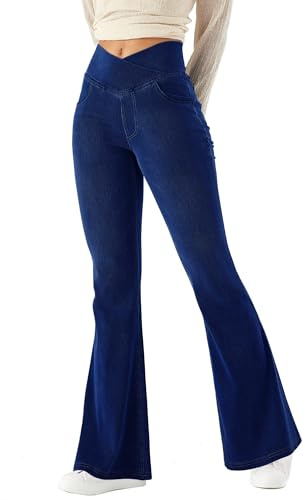 LaiEr Mujer Bootcut Jeans V Crossover Cintura Alta Tirar de Control del Vientre Casual Fitness Pantalones Skinny de Yoga,Tejido Suave de Alta Elástico de Denim,Leggings campanados.(Azul Oscuro,XL)