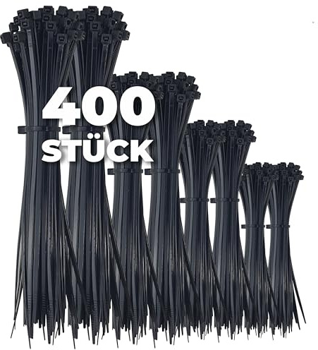 Juego de 400 bridas negras de 100/150/200/300 mm – 100 unidades cada una, surtido de nailon, varios tamaños, bridas muy duraderas para gestión de cables, jardinería, vivienda, taller, coche