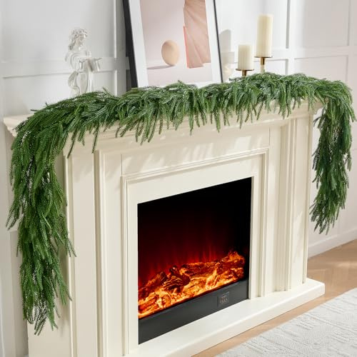 CLEANGOR 2Pcs 6FT Norfolk Pine Garlands Realistic, Real Touch Winter Xmas Garland, Christmas Decorations Indoor Outdoor, Artificial Holiday Decor Faux Greenery for Mantle, Fireplace, Table