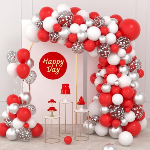 Ballongirlang bågset för födelsedag, bröllop, examen, babyparty, årsdag, skog, examen, djungel, traktor, fotboll, festdekoration (rött, vitt silver konfetti)