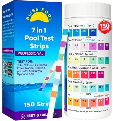 Pool Test Strips 7 in 1 (150 Strips), Easy & Accurate Swimming Pool Water Strips, Testing for pH, Alkalinity, Free Chlorine, Total Chlorine, Bromine, Hardness & Stabilizer