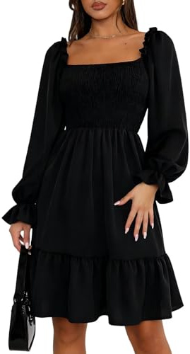 Women's Causal Square Neck Dress Puff Sleeve Smocked A Line Swing Flowy Ruffle Babydoll Mini Dress