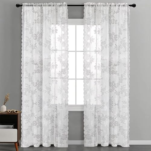 2 Panels Lace Voile Curtains (H) 210 x (W) 150 cm Net Curtains for Windows Floral Lace White Curtains Semi Transparent Sheer Curtain Flowy Long Curtain Elegant Net Curtain for Bedroom/Living Room