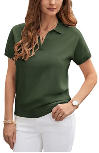 GRACE KARIN Women's Jumper Short Sleeve V Neck Polo Knit Shirts Tops | Straight”H” silhouette,Short raglan sleeves,Lapel collar,V-Neck,Well Elastic