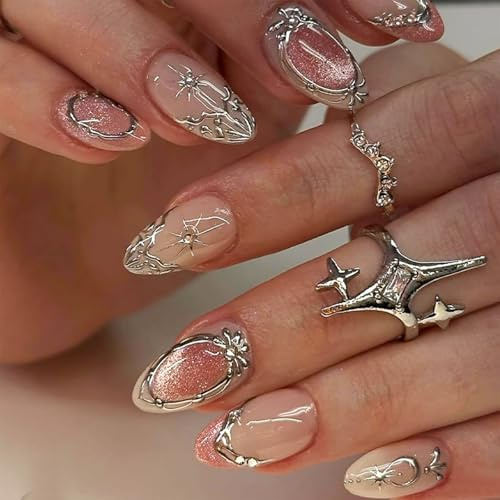Nymora Soft Gel Press on Nails Almond - 24 Stück Barock Design, Jelly-Gel, Fake Nägel zum Aufkleben, Tip on Stick on Nails für Frauen