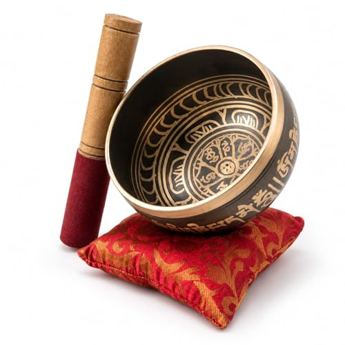 Premiumset med tibetanska klangskålar – handgjord klang- och meditationsskål från Nepal – andlig dekoration för yoga, wellnessområden och avkoppling från Himalayan Bazaar (brun och röd)