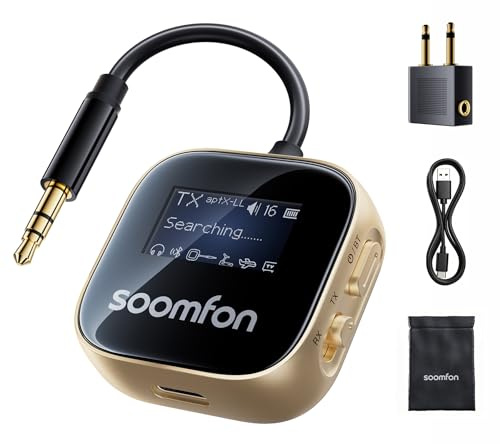 SOOMFON aptX Transmisor Receptor Bluetooth Adaptador Bluetooth Jack 3.5mm | Emisor Bluetooth para TV Avión Auriculares Altavoces Hi-Fi Coche Adapatdor Bluetooth Doble Conexión 23 H de Autonomía