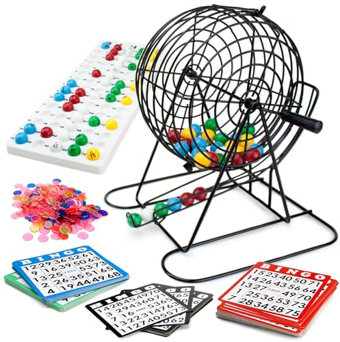 Royal Bingo Supplies Jumbo 12 Tall Bingo Game Set for Adults, Seniors, Family & Kids - 100 Cards 500 Chips 75 Balls, XL Roller Cage & Board