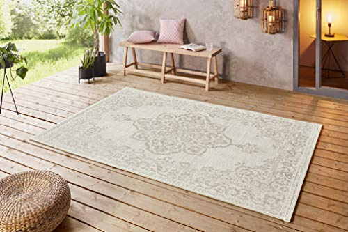 NORTHRUGS In- und Outdoor Teppich 80x150cm - Wetterfest Orientalisch Vintage-Design mit Medallion Läufer Terrassenteppich Balkonteppich Küchenläufer Badteppich Wohnzimmerteppich Wasserfest in Beige