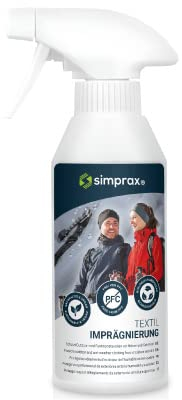 SIMPRAX® Spray Impermeabilizante Textil para Ropa Técnica y Tejidos Exteriores como GoreTex Softshell o Sympatex - Impermeabilizante Ecológico en Spray - Fácil Aplicacion en Lavadora o Mano 250ml