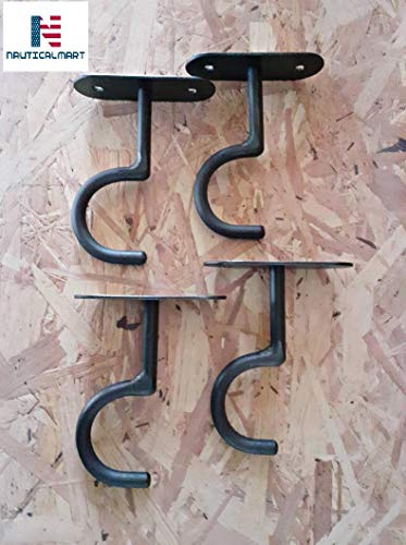 Nautical-Mart Wrought Iron Hook Set 4, Forged Iron Hooks Kitchen Hanger Black Handmade Hooks Cup Utensil Pot Pan Hanging Rack Butchers Hooks,