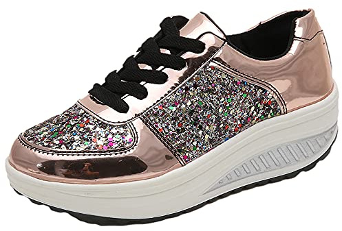 ANUFER Mujer Súper Ligero Plataforma Zapatillas con Cordones Cuña Zapatos Deportivos Oro SN070680 EU39.5