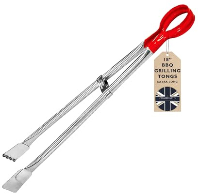 Chabrias Ltd 18 Red Professional Long-Life Tongs Stainless Steel Grill BBQ Tongs, Catering, Cooking Grabber, Food Handler, Kitchen Barbecue Tool, Meat Turner, Buffet Picker, Gripper Utensil