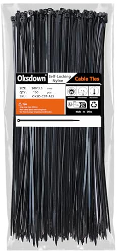 Oksdown 100 Pack Black Plastic Cable Ties 200mm×3.6mm Heavy Duty Strong Nylon Premium Self Locking 8 inch/20 cm Long Zip Tie Wraps
