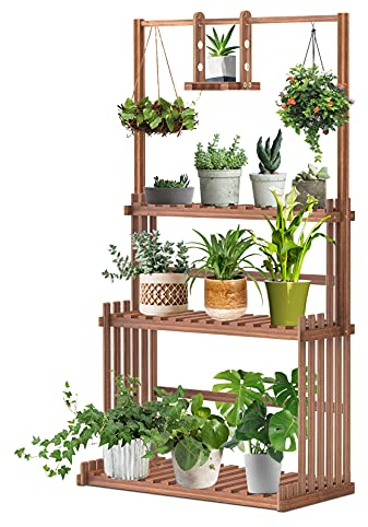 unho Étagère Plante Intérieur Bois, Porte Plante Extérieur à 3 Niveaux Support Plantes Suspendues Intérieur Support Pot de Fleur pour Terrasse Balcon Maison Jardin - 145 x 81 x 37 cm
