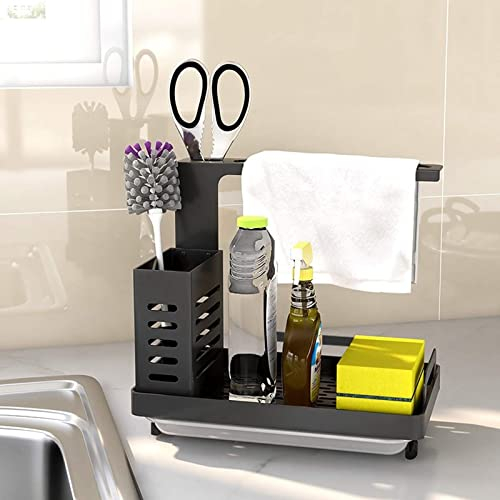 Spülbecken Caddy Organizer Utensilien Korb für Küche & Badezimmer mit Abflusspfanne, Klebstoff und Arbeitsplatte, Dual-Use Schwamm Bürste Seifenschale Halter Edelstahl (Schwarz)