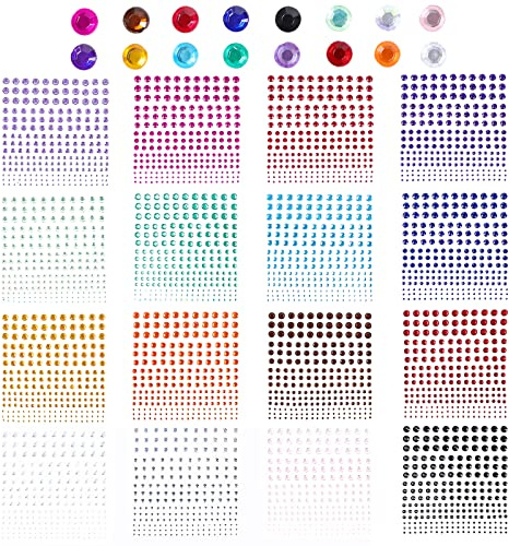 AiQInu 3600 PCS Strass Autocollant, 16 Couleurs 2/3/4/5/6MM Auto-adhésif Visage, Pierres Précieuses Cristal pour DIY Artisanat Nail Body Maquillage Décoration