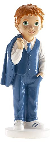 dekora - Figura Decorativa per la Prima Comunione di un Ragazzo con Abito Blu - Realizzata in Resina - Decorazione per Torte - 16 cm - Design Originale e Dettagliato - Adatto al Contatto Alimentare